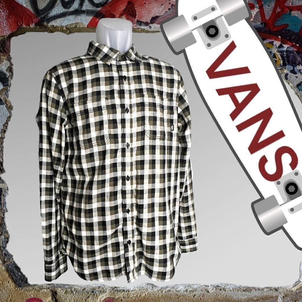 Vans Men's Plaid Flannel Tailored Fit Button Down Shirt Black Green Size Small